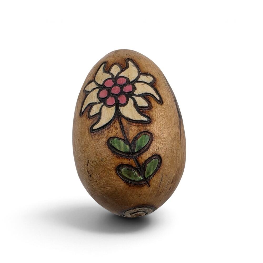 Vintage 1960s European Alpine Folk Art Carved Wood Egg Hand Painted Edelweiss